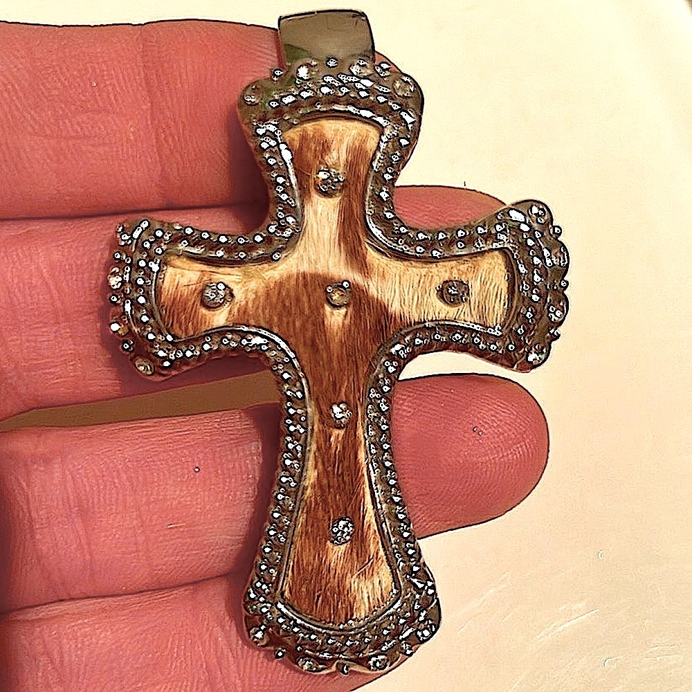 ✝️ GENUINE COWHIDE RHINESTONE STAINLESS STEEL CROSS CLIP SLIDE NECKLACE PENDANT - Picture 2 of 11